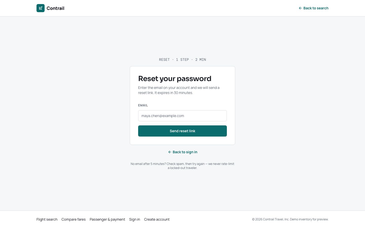 Flight Booking App Template — forgot password page screenshot