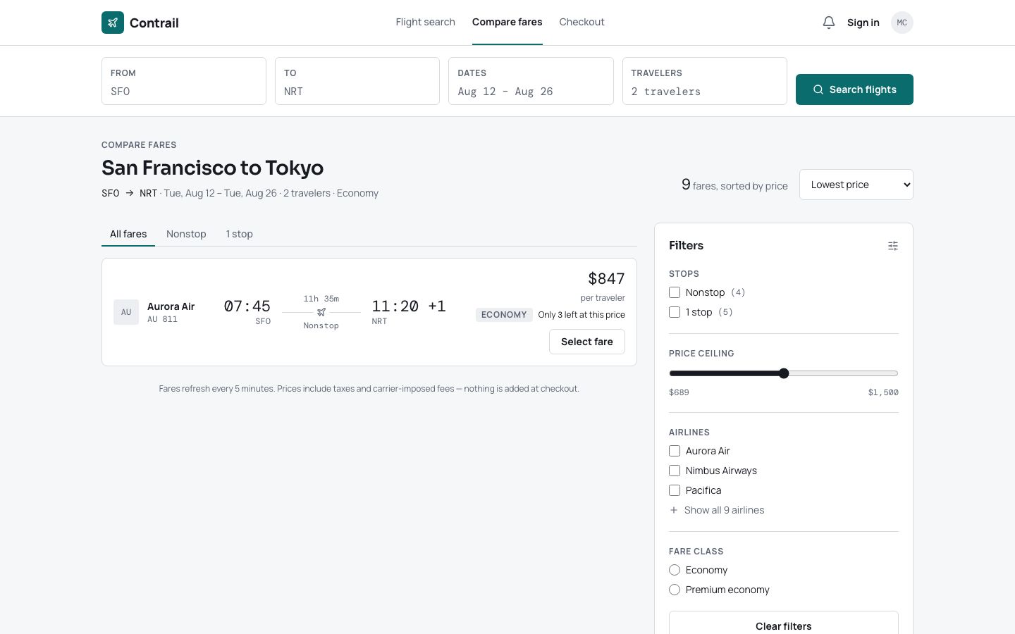 Flight Booking App Template — results page screenshot