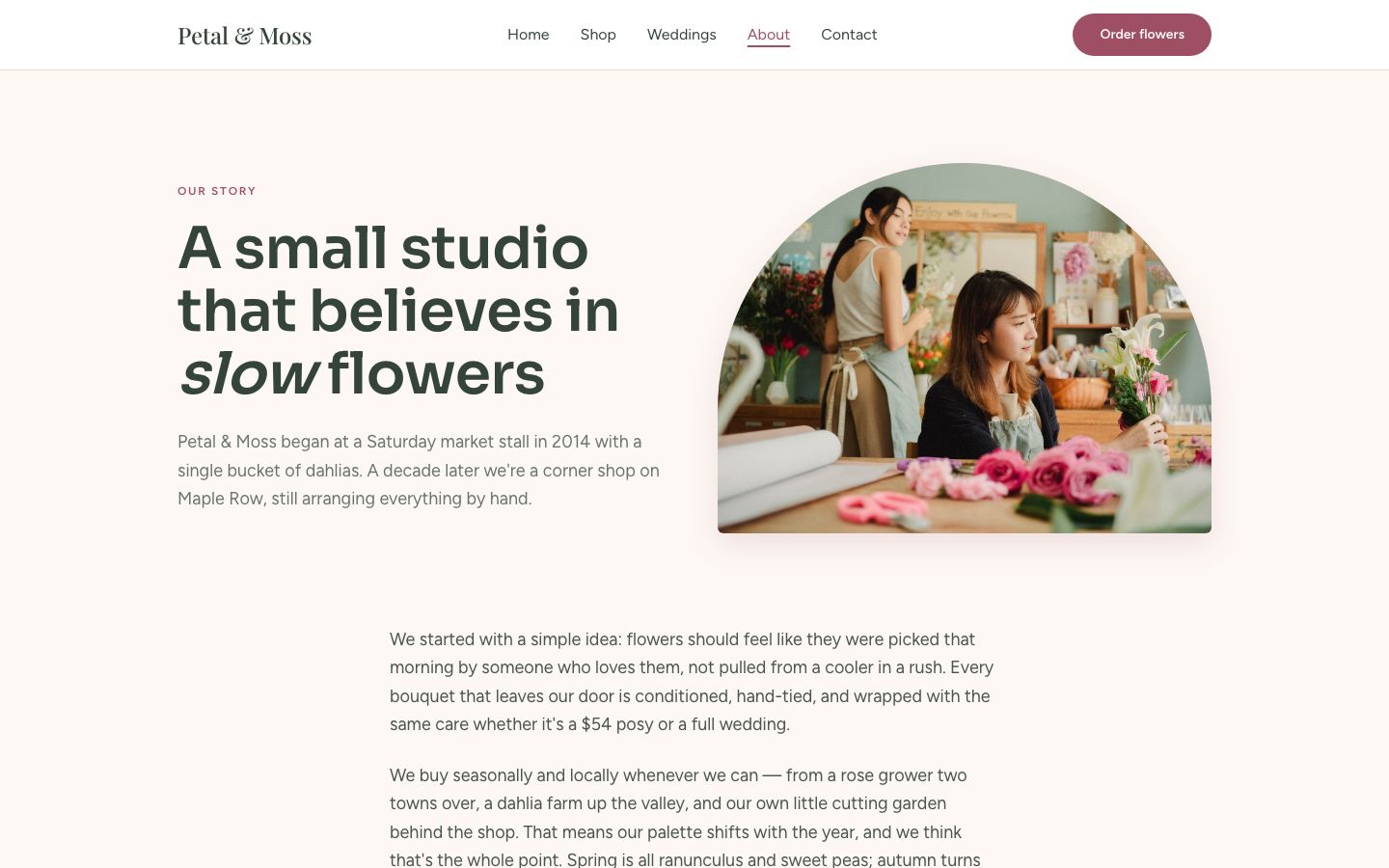 Florist Website Template — about page screenshot