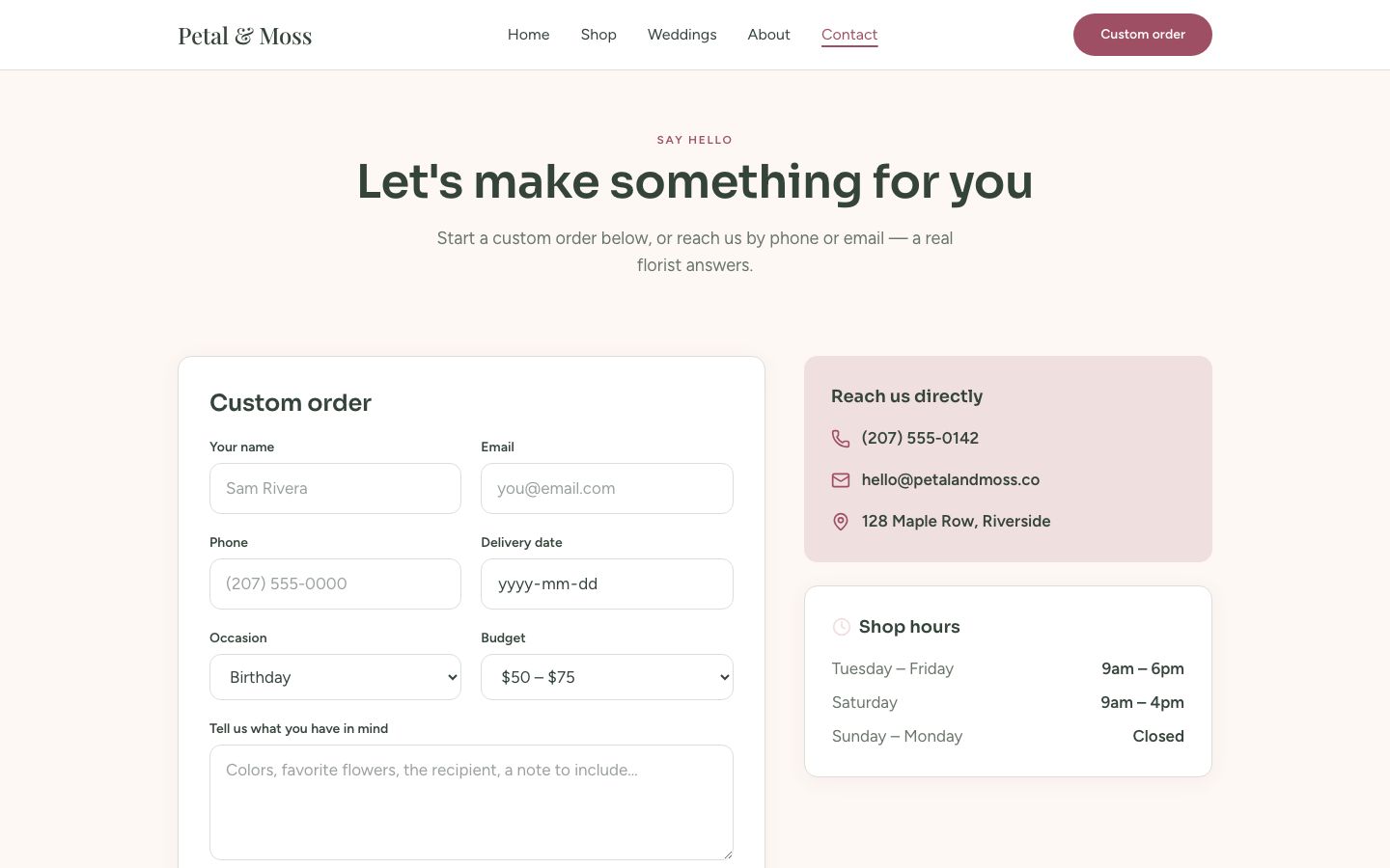 Florist Website Template — contact page screenshot