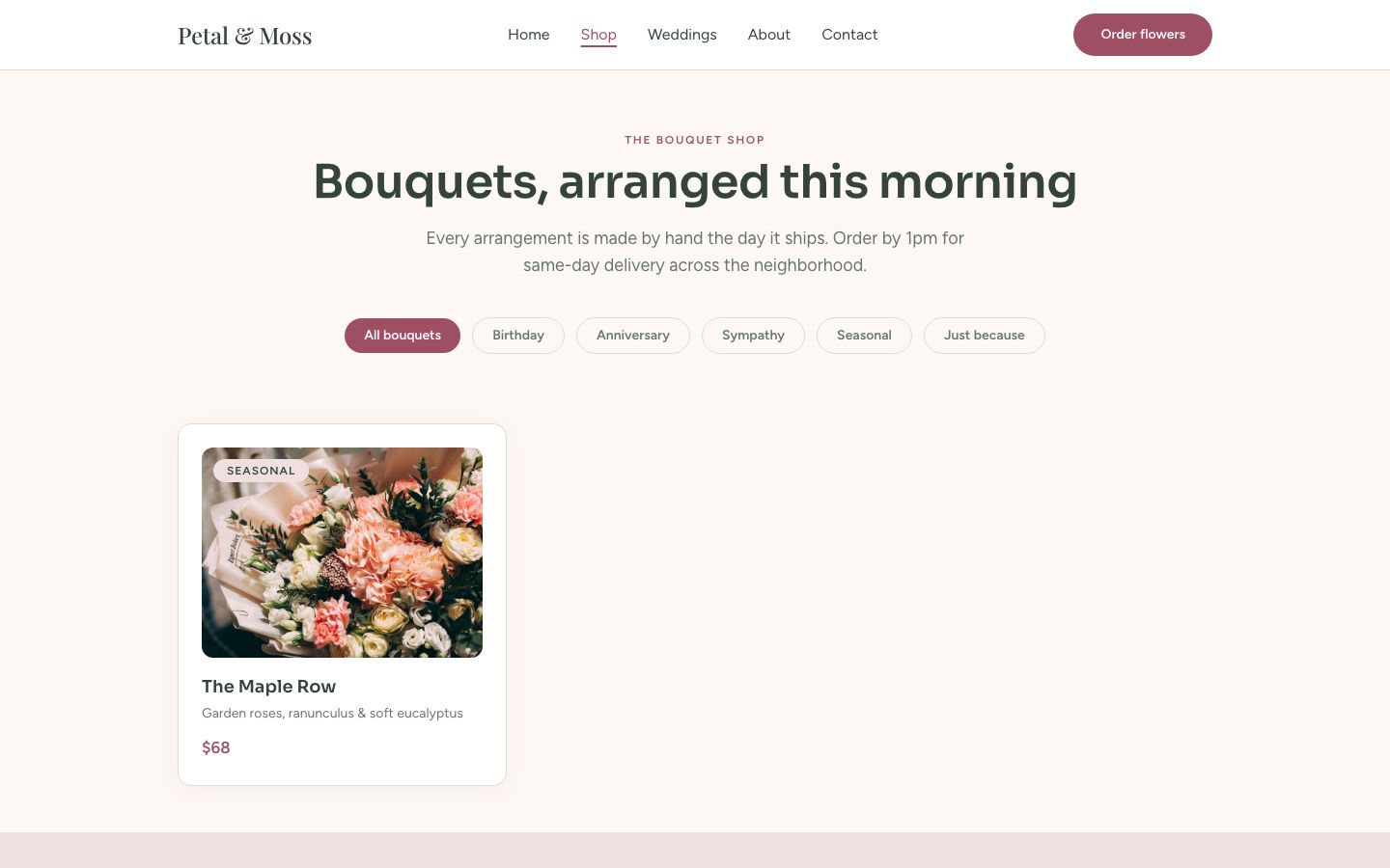 Florist Website Template — shop page screenshot