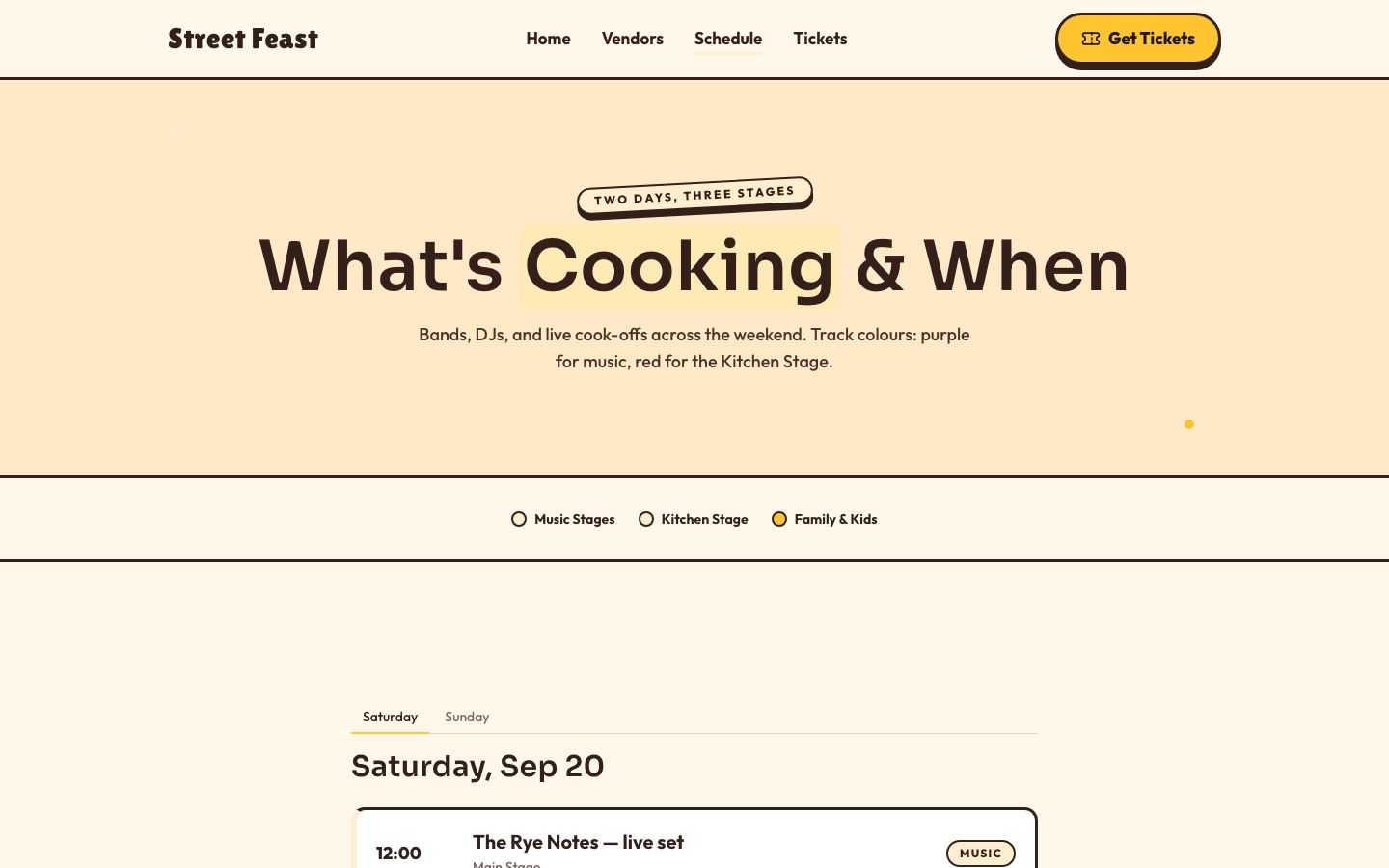 Food Festival Website Template — schedule page screenshot
