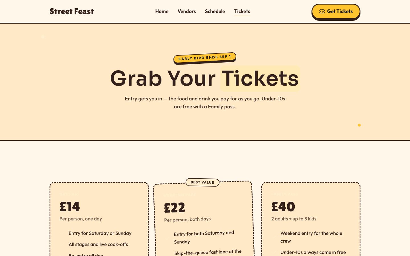 Food Festival Website Template — tickets page screenshot