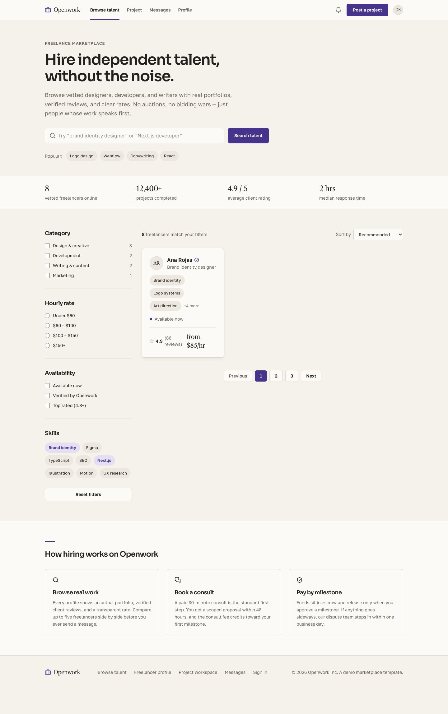Freelance Marketplace UI Template — full page preview