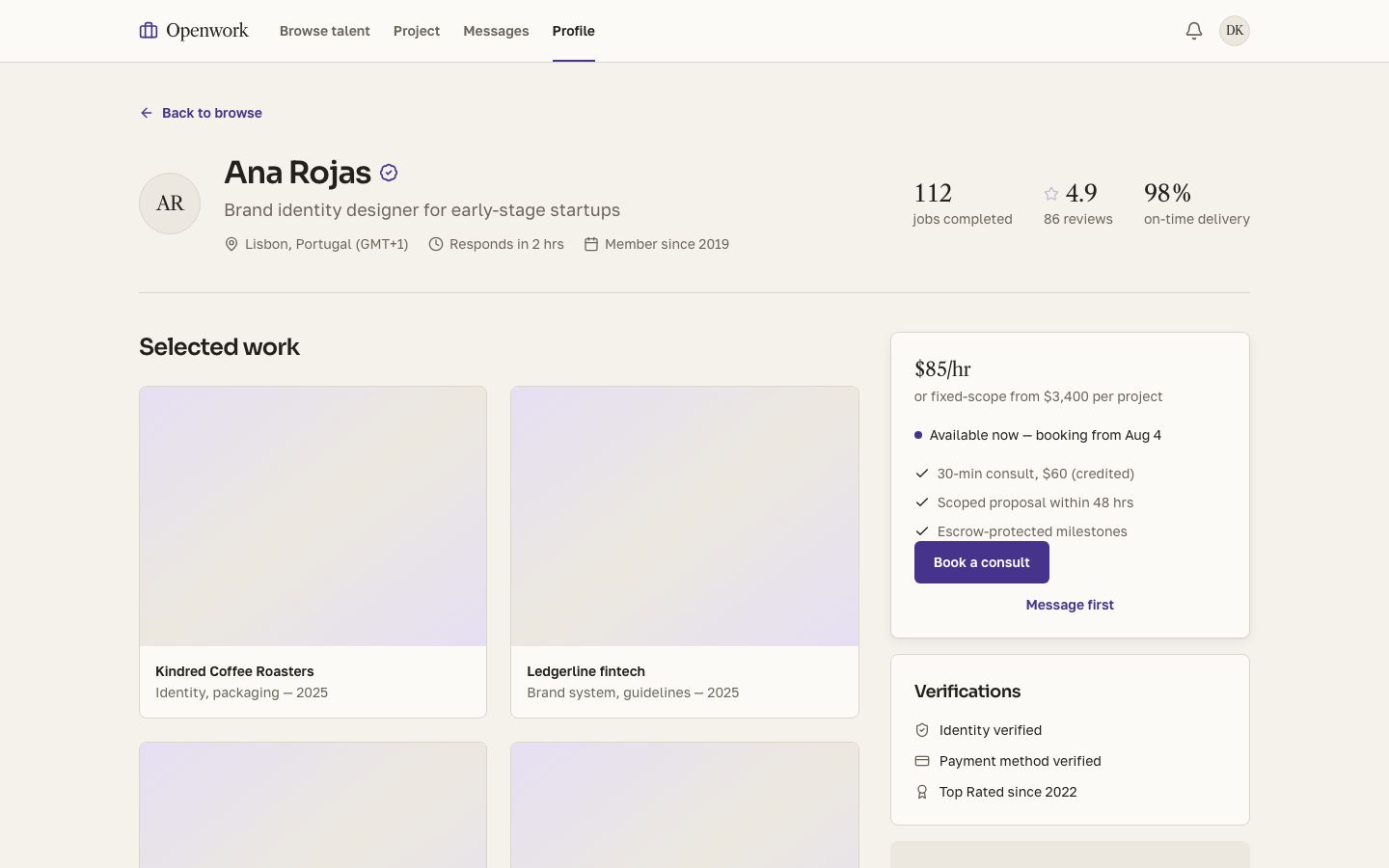 Freelance Marketplace UI Template — freelancer page screenshot