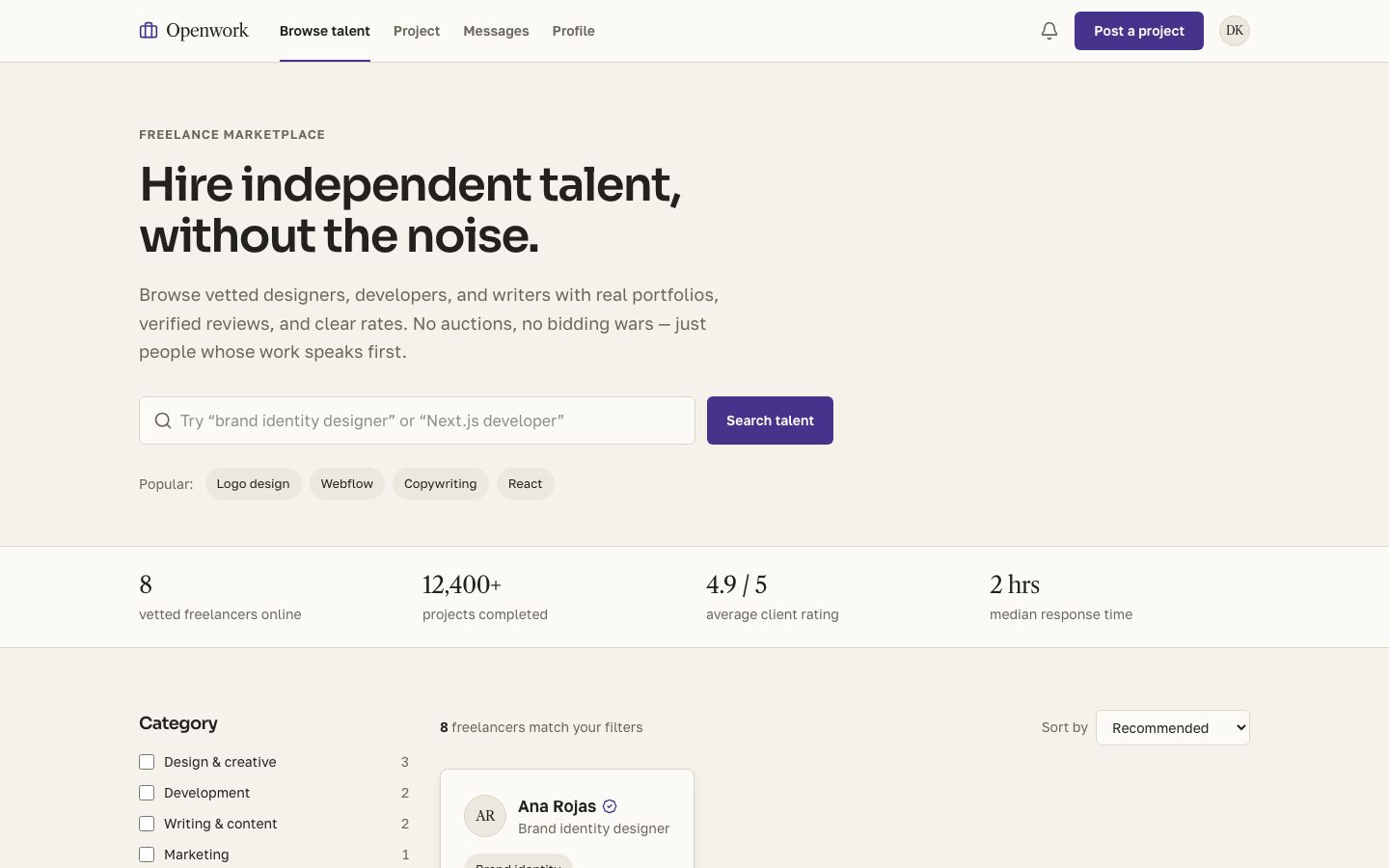Freelance Marketplace UI Template — home page screenshot
