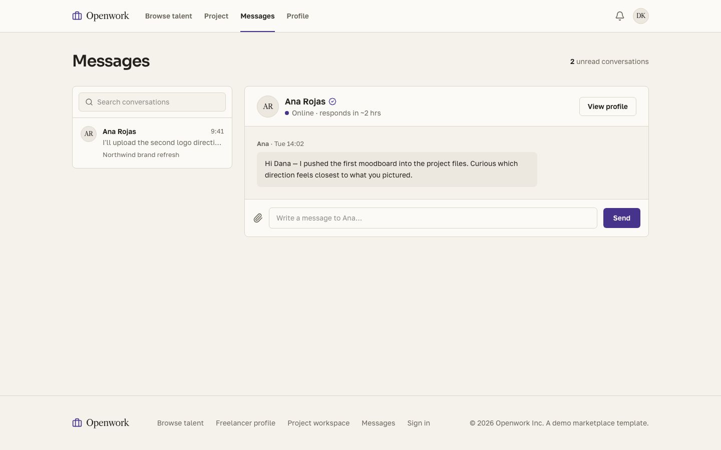 Freelance Marketplace UI Template — messages page screenshot