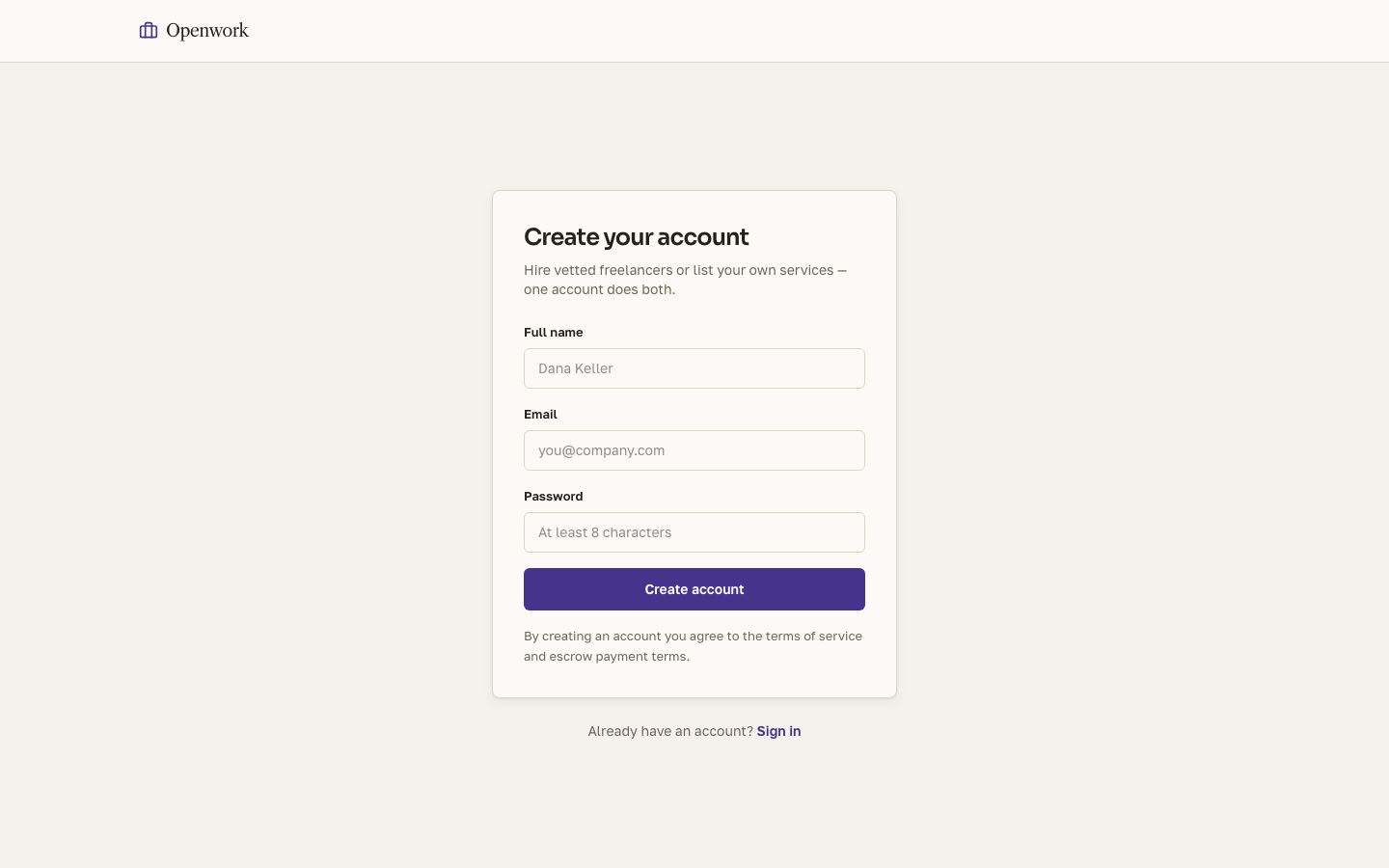 Freelance Marketplace UI Template — signup page screenshot
