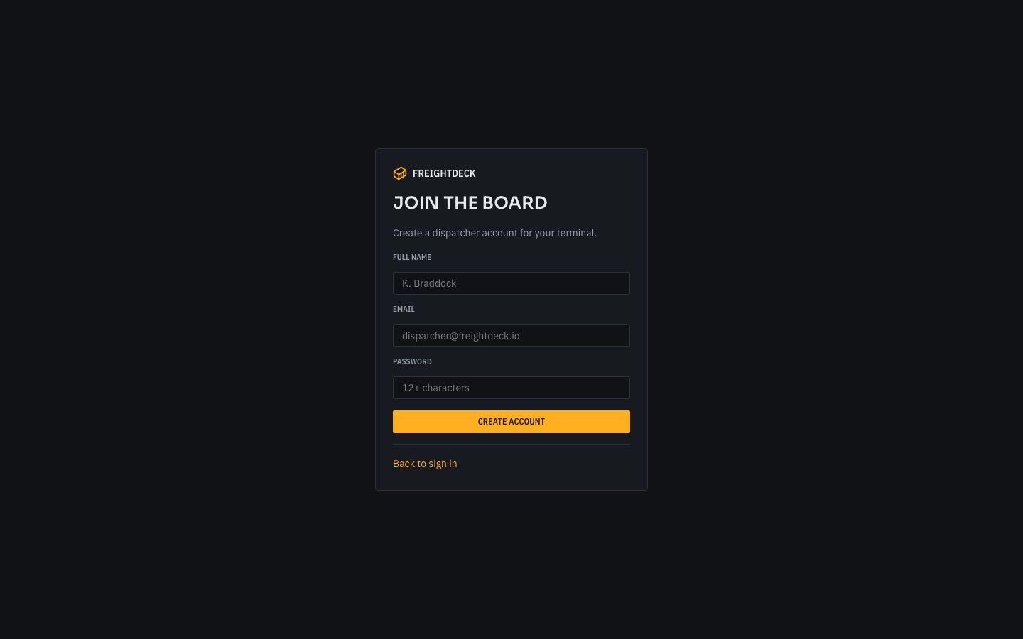 Freight Dispatch Dashboard Template — signup page screenshot
