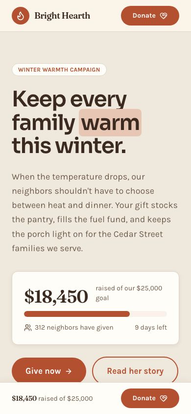 Fundraising Landing Page Template — responsive mobile layout