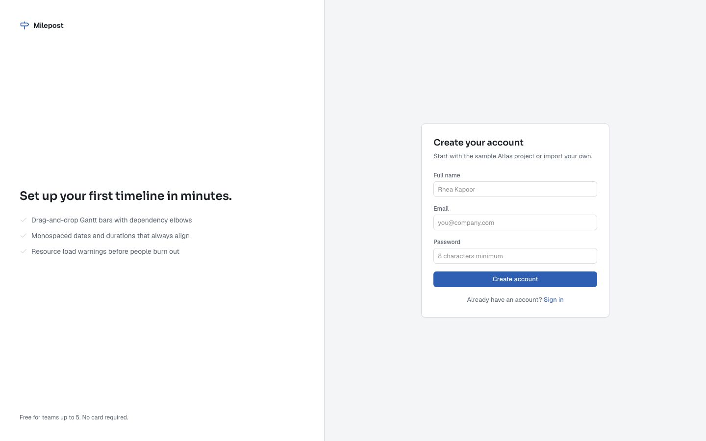 Gantt Chart Template — signup page screenshot
