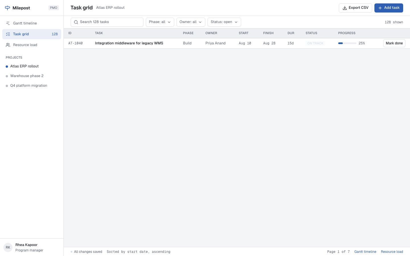 Gantt Chart Template — tasks page screenshot