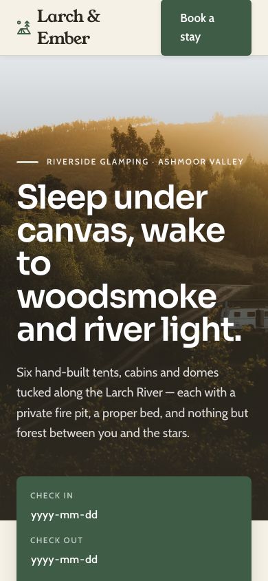 Glamping Website Template — responsive mobile layout