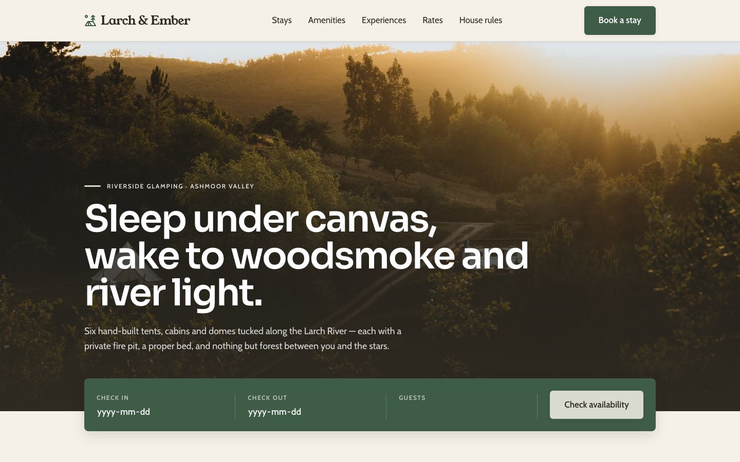 Glamping Website Template — home page screenshot
