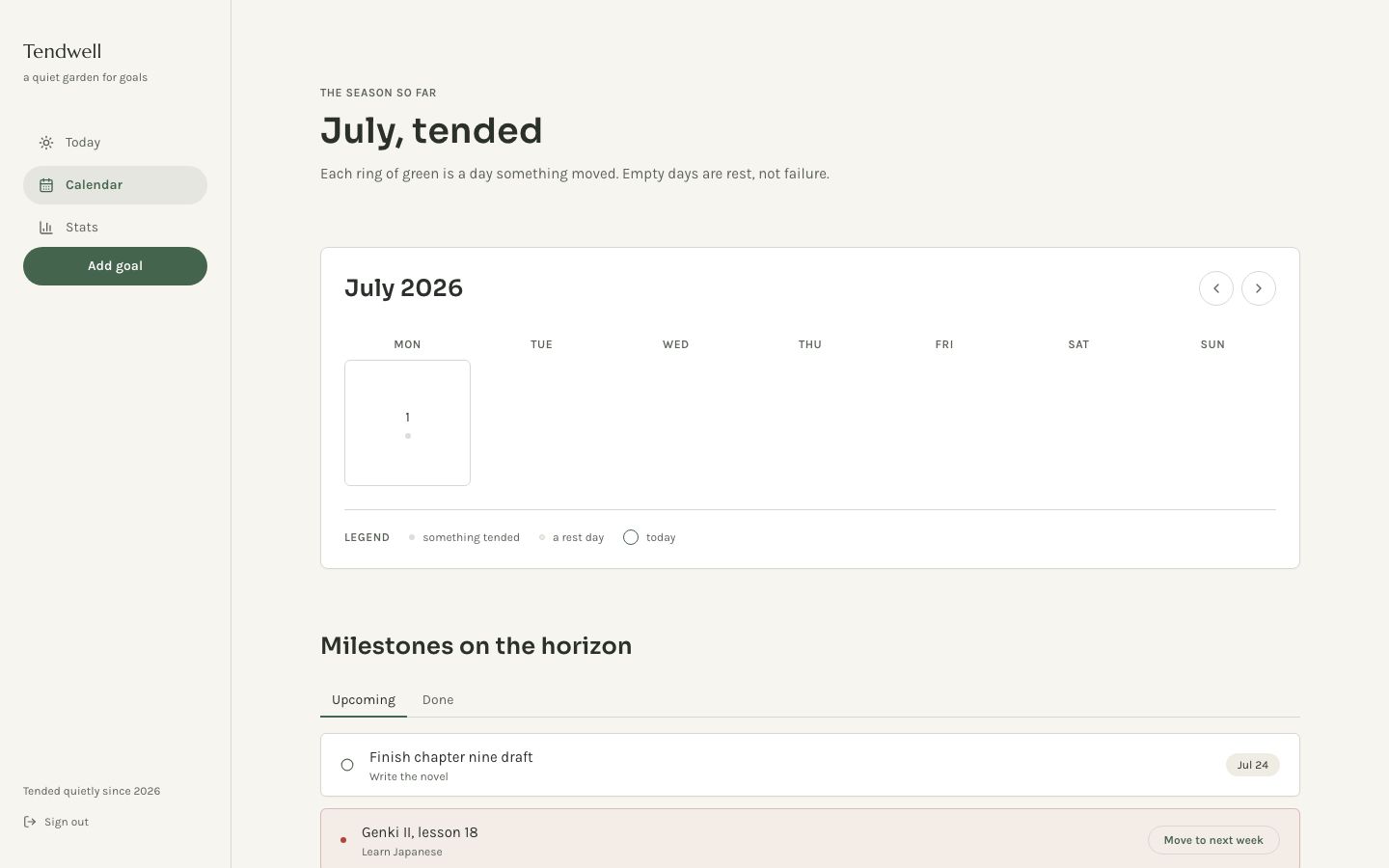 Goal Tracker App Template — calendar page screenshot