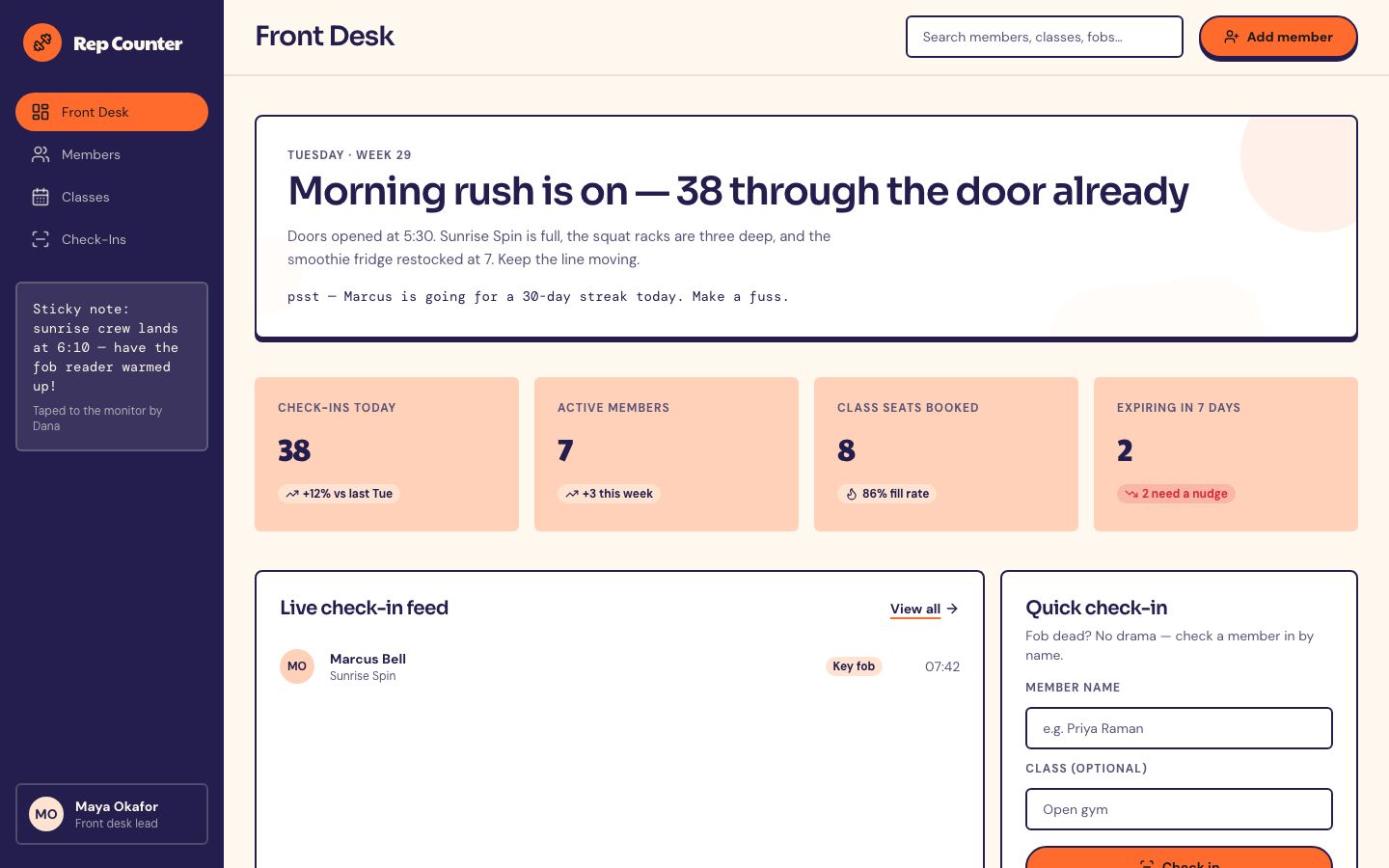 Gym Management Dashboard Template — home page screenshot