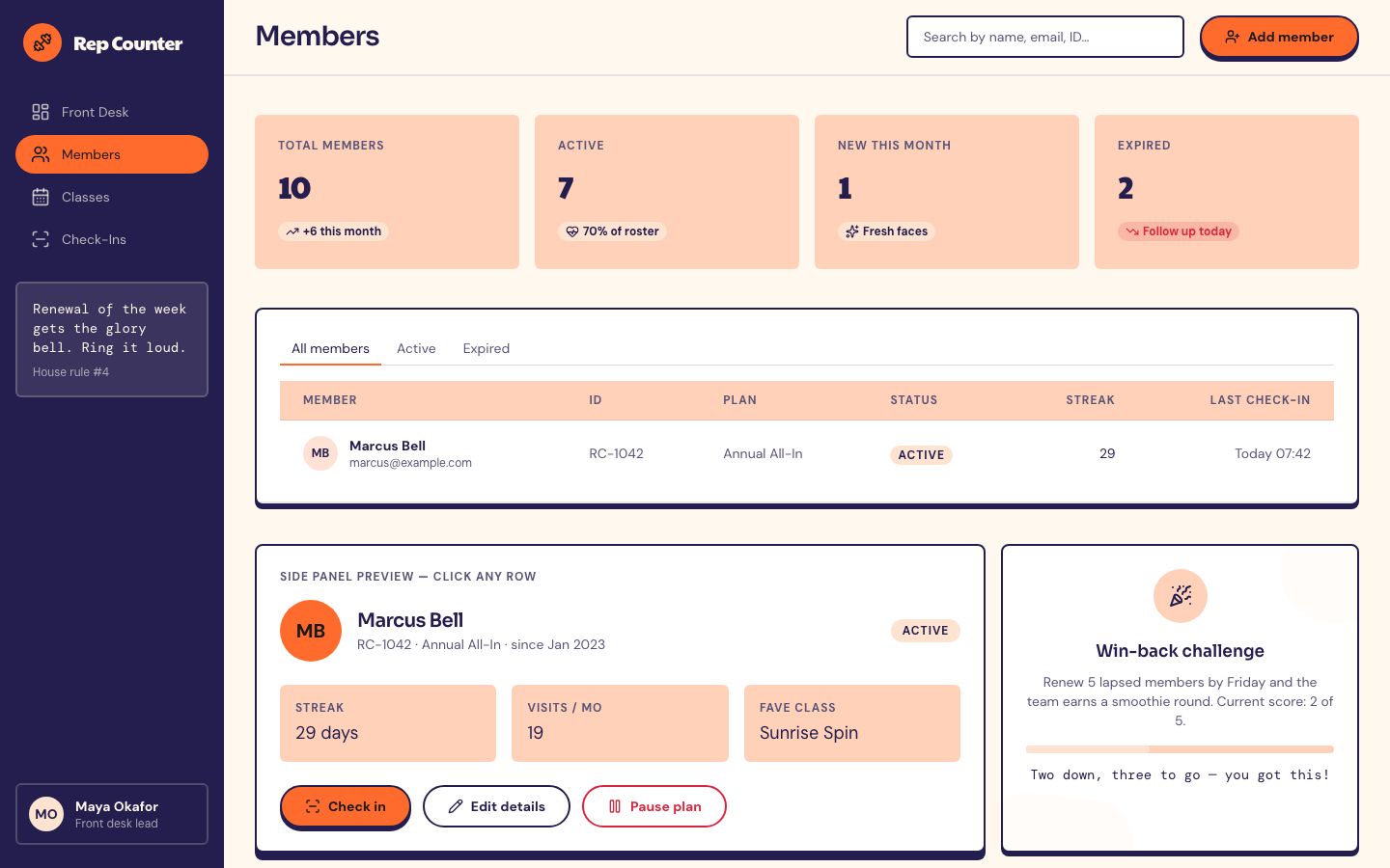 Gym Management Dashboard Template — members page screenshot