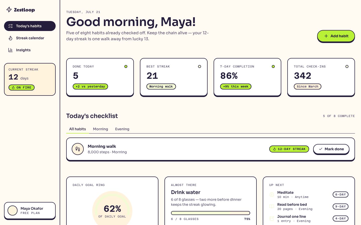Habit Tracker UI Template — home page screenshot