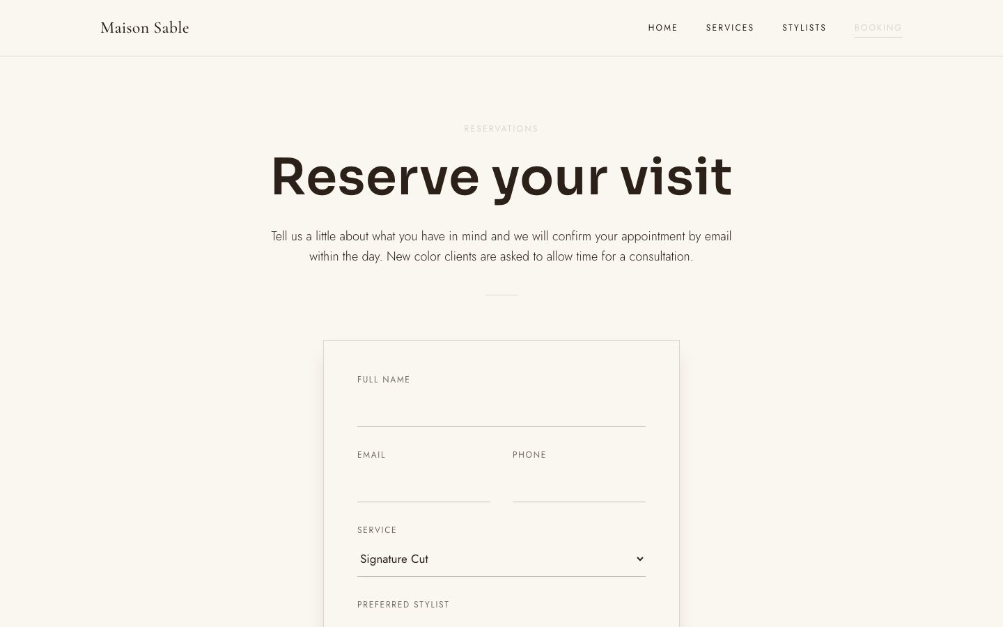 Hair Salon Website Template — booking page screenshot
