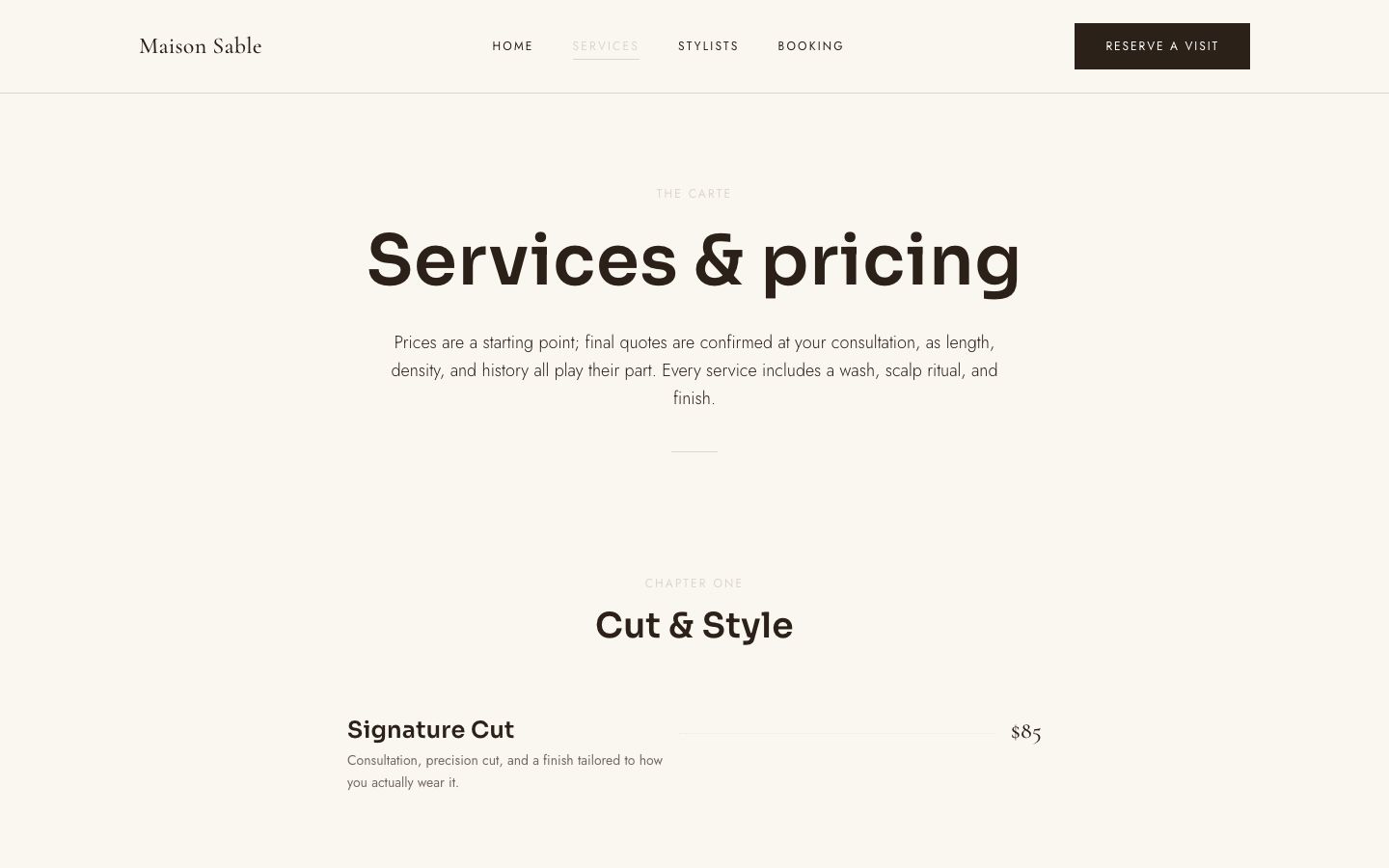 Hair Salon Website Template — services page screenshot