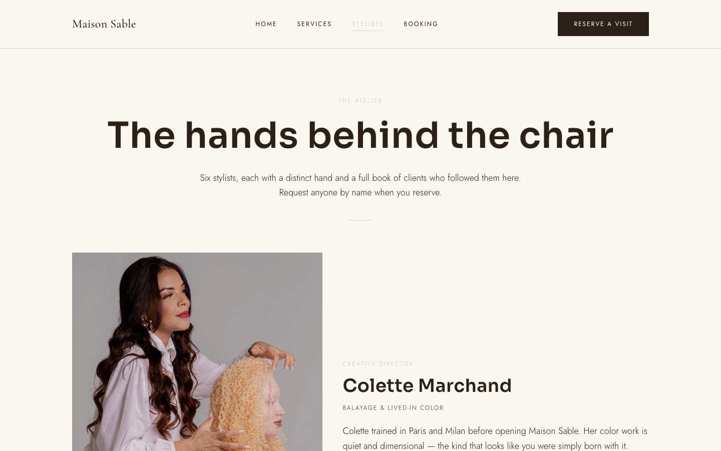 Hair Salon Website Template — stylists page screenshot