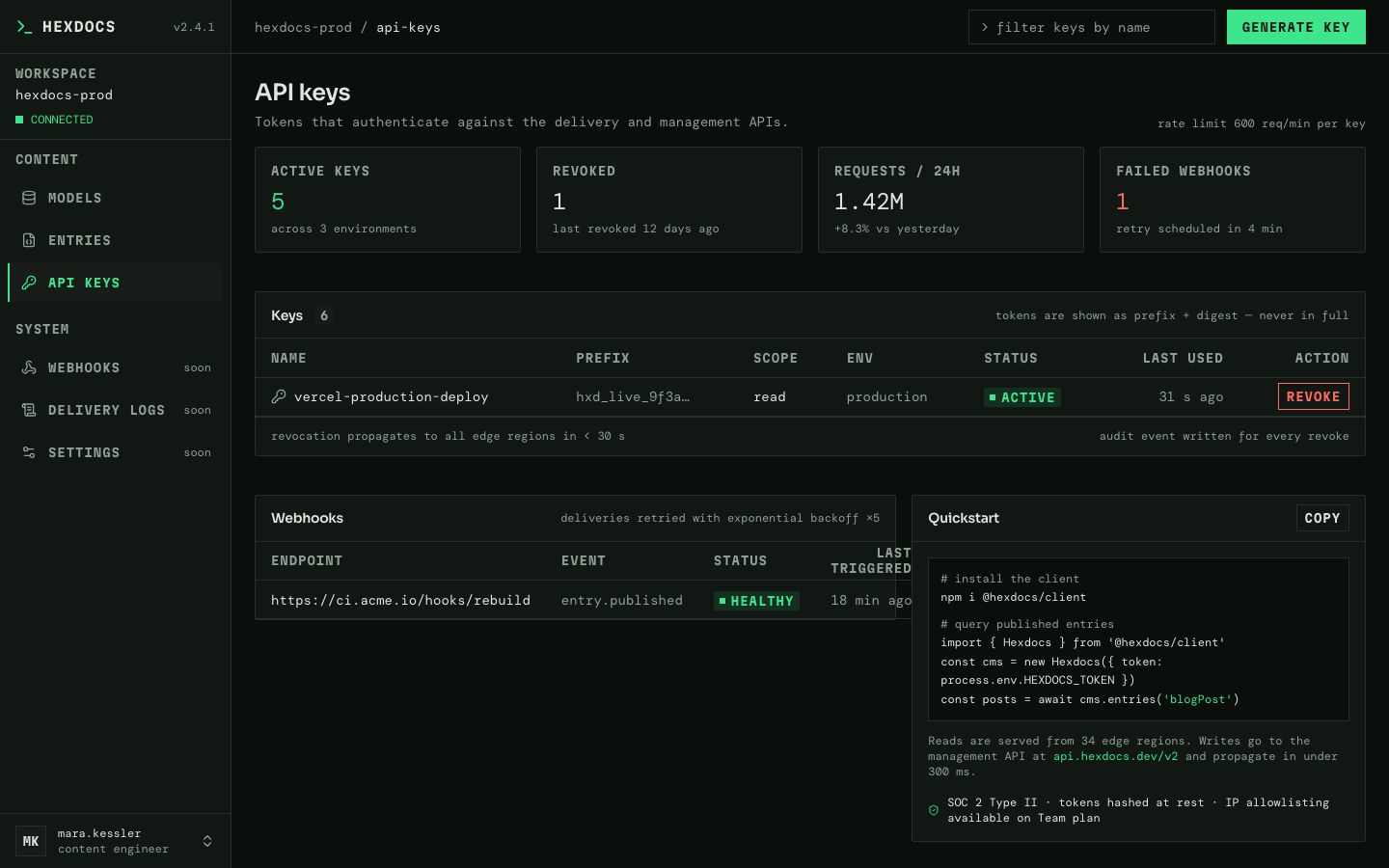 Headless CMS UI Template — api keys page screenshot