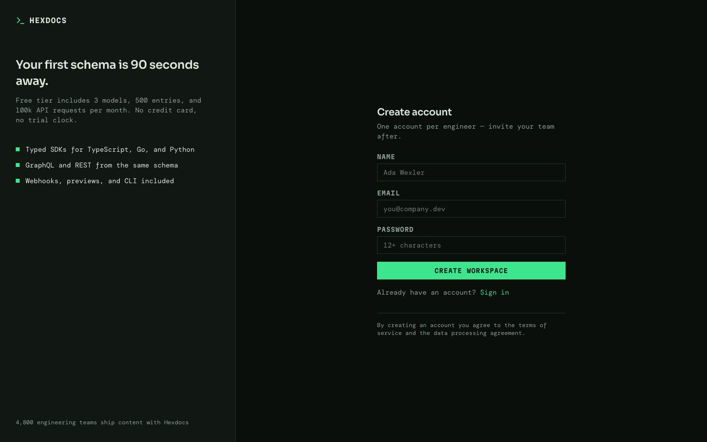 Headless CMS UI Template — signup page screenshot