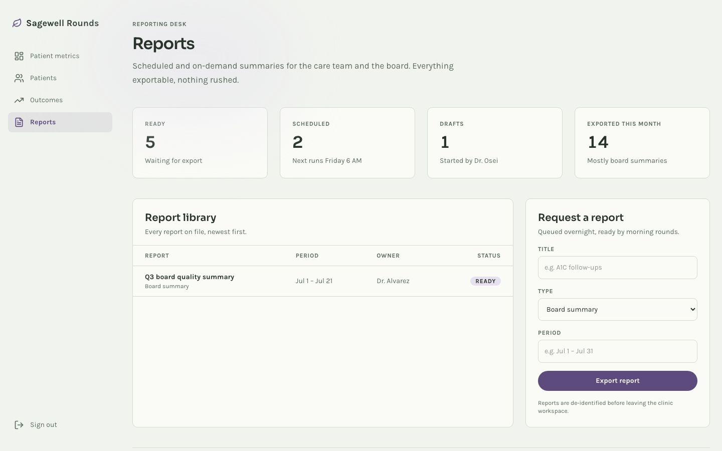 Healthcare Dashboard Template — reports page screenshot