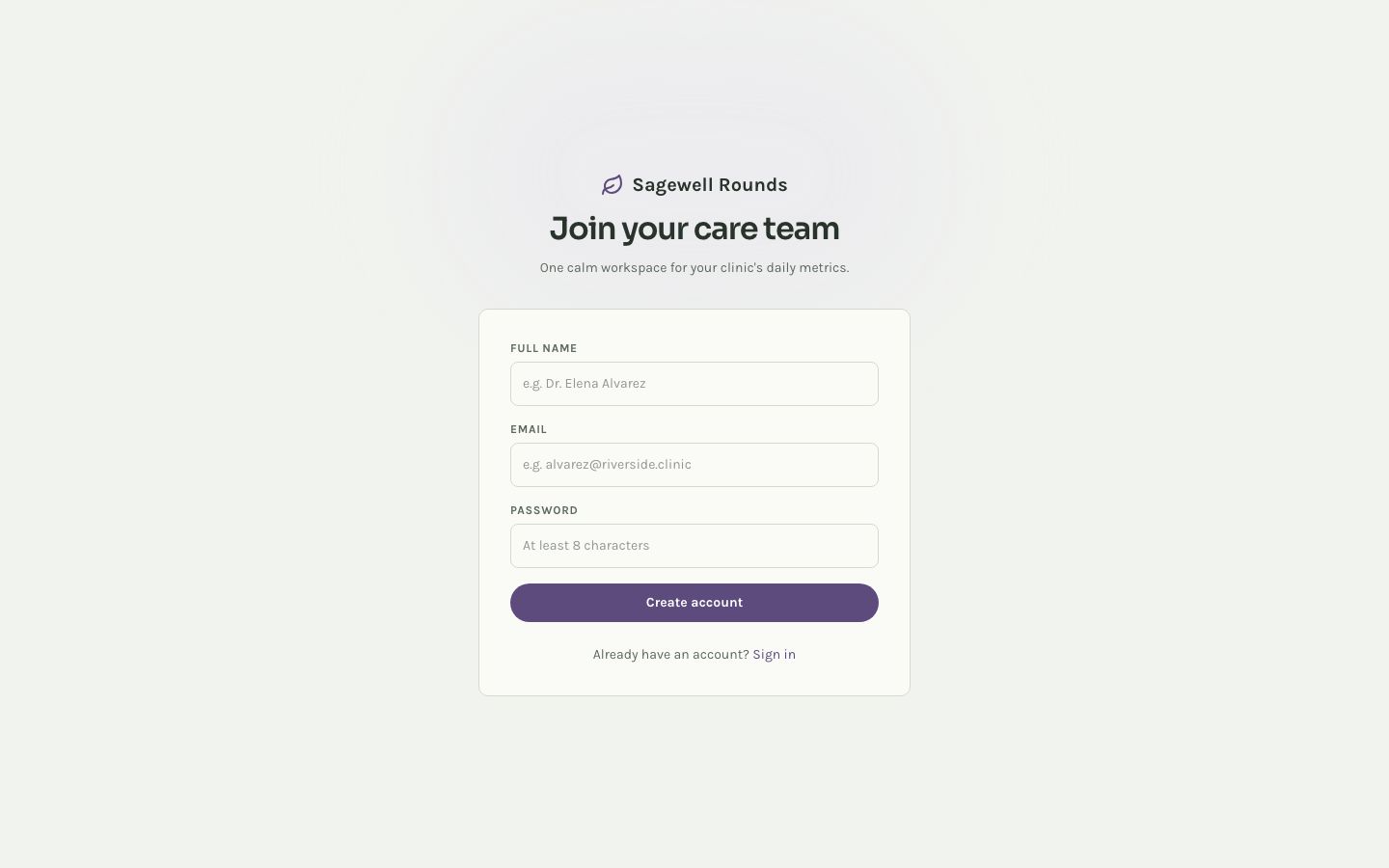 Healthcare Dashboard Template — signup page screenshot