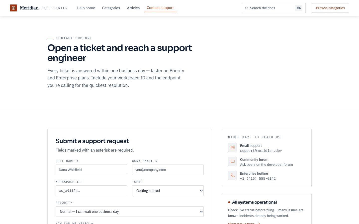 Knowledge Base Website Template — contact page screenshot