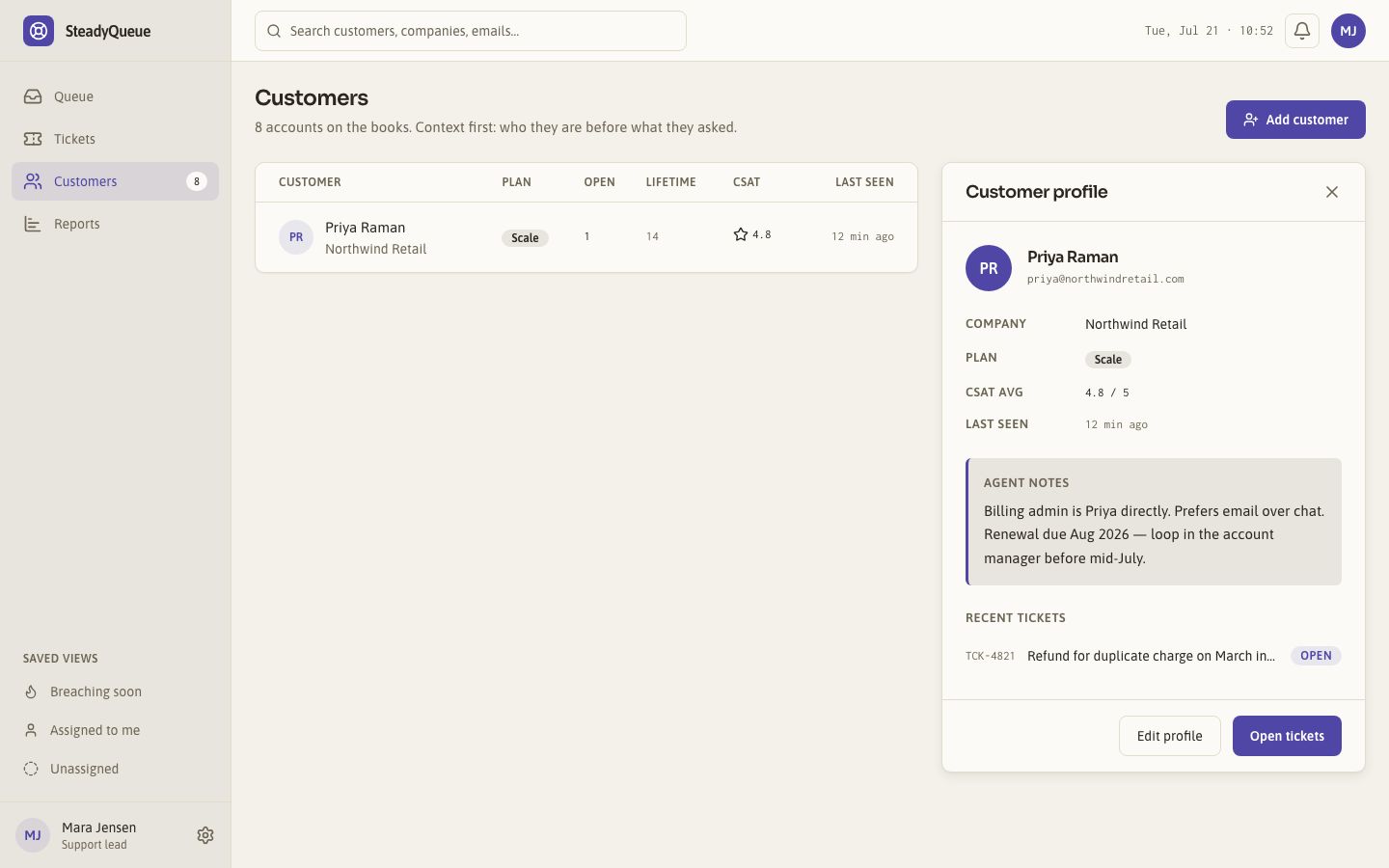 Help Desk Dashboard Template — customers page screenshot