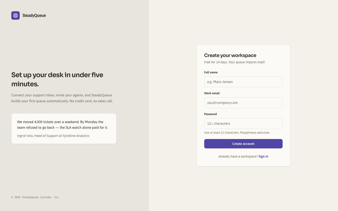 Help Desk Dashboard Template — signup page screenshot