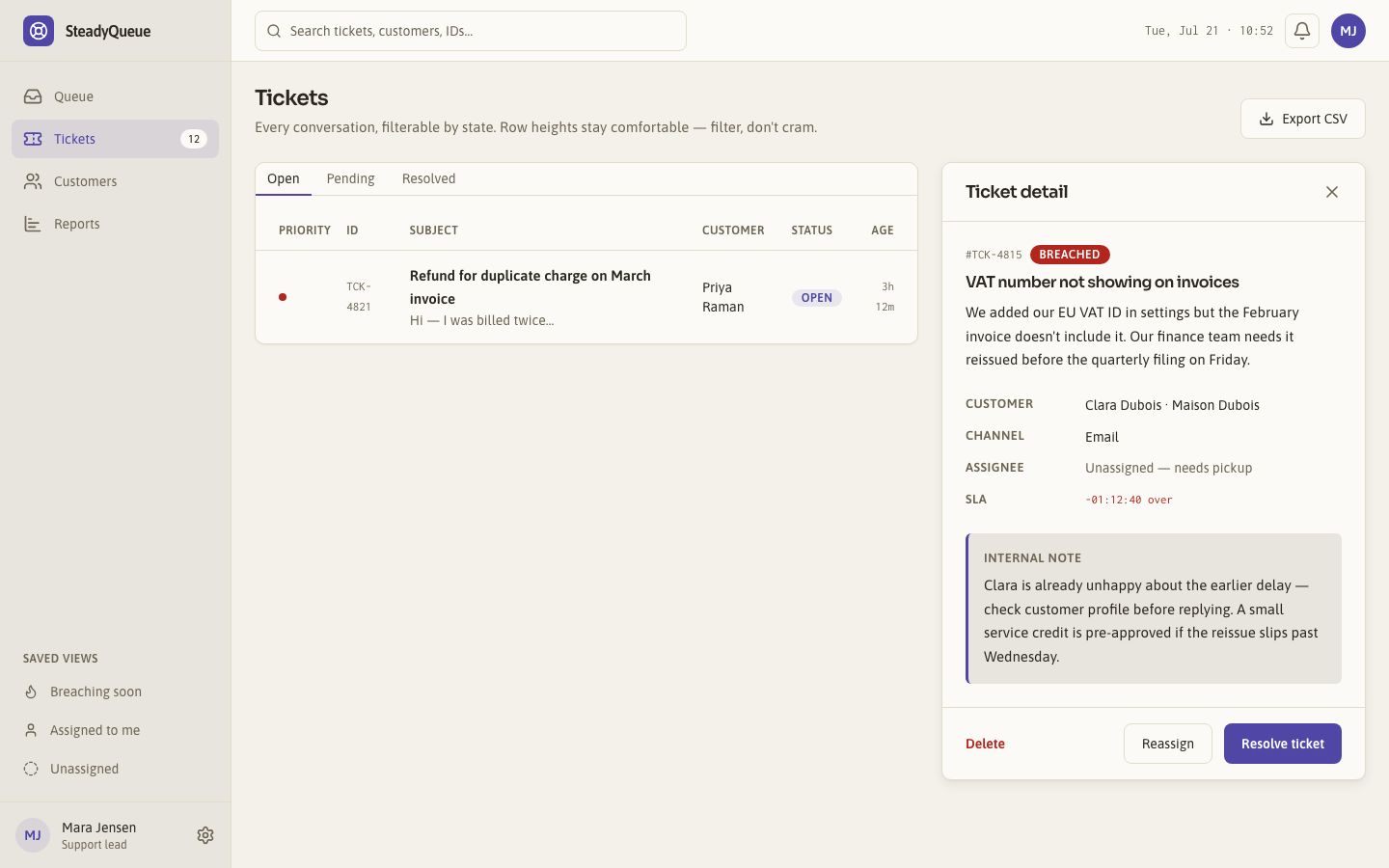Help Desk Dashboard Template — tickets page screenshot