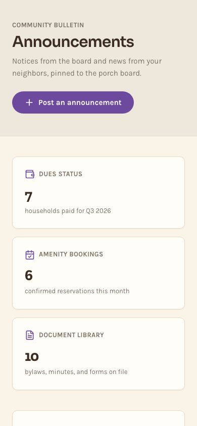 HOA Portal Template — responsive mobile layout