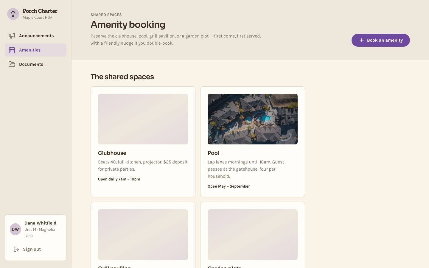 HOA Portal Template — amenities page screenshot