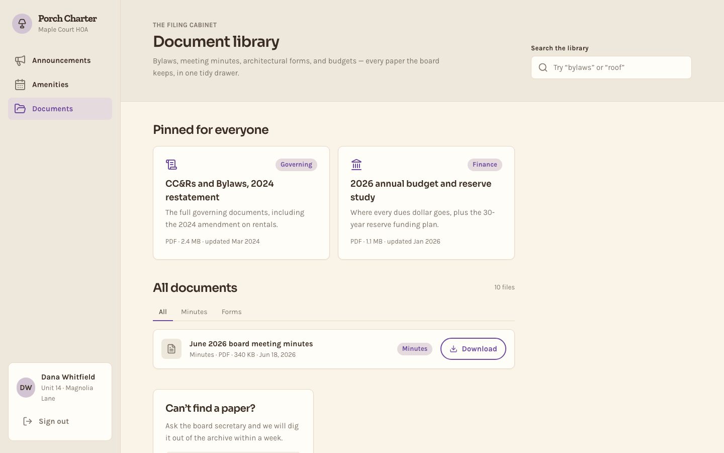 HOA Portal Template — documents page screenshot