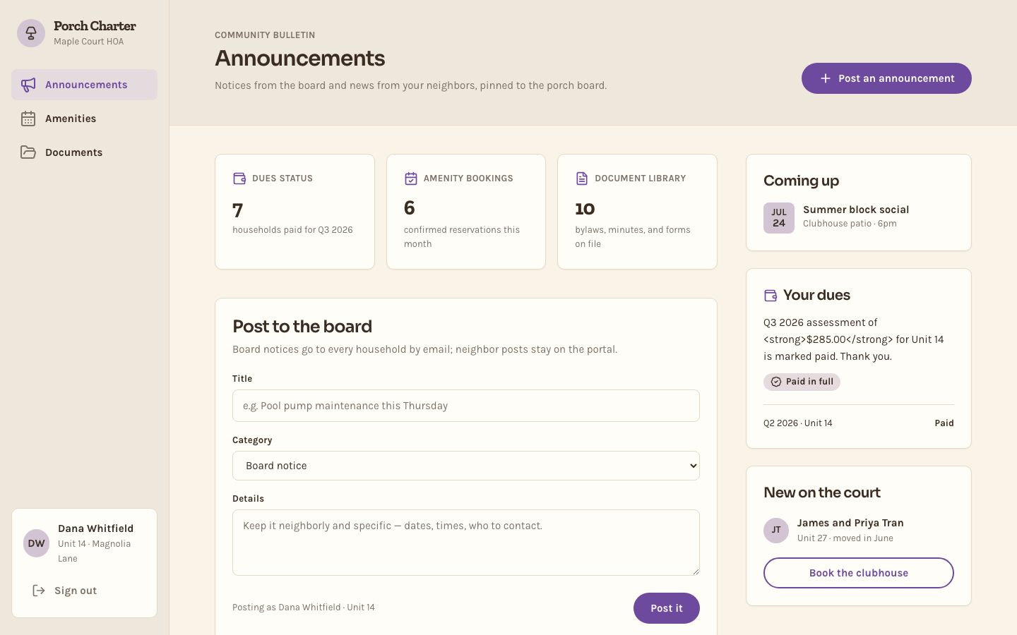 HOA Portal Template — home page screenshot