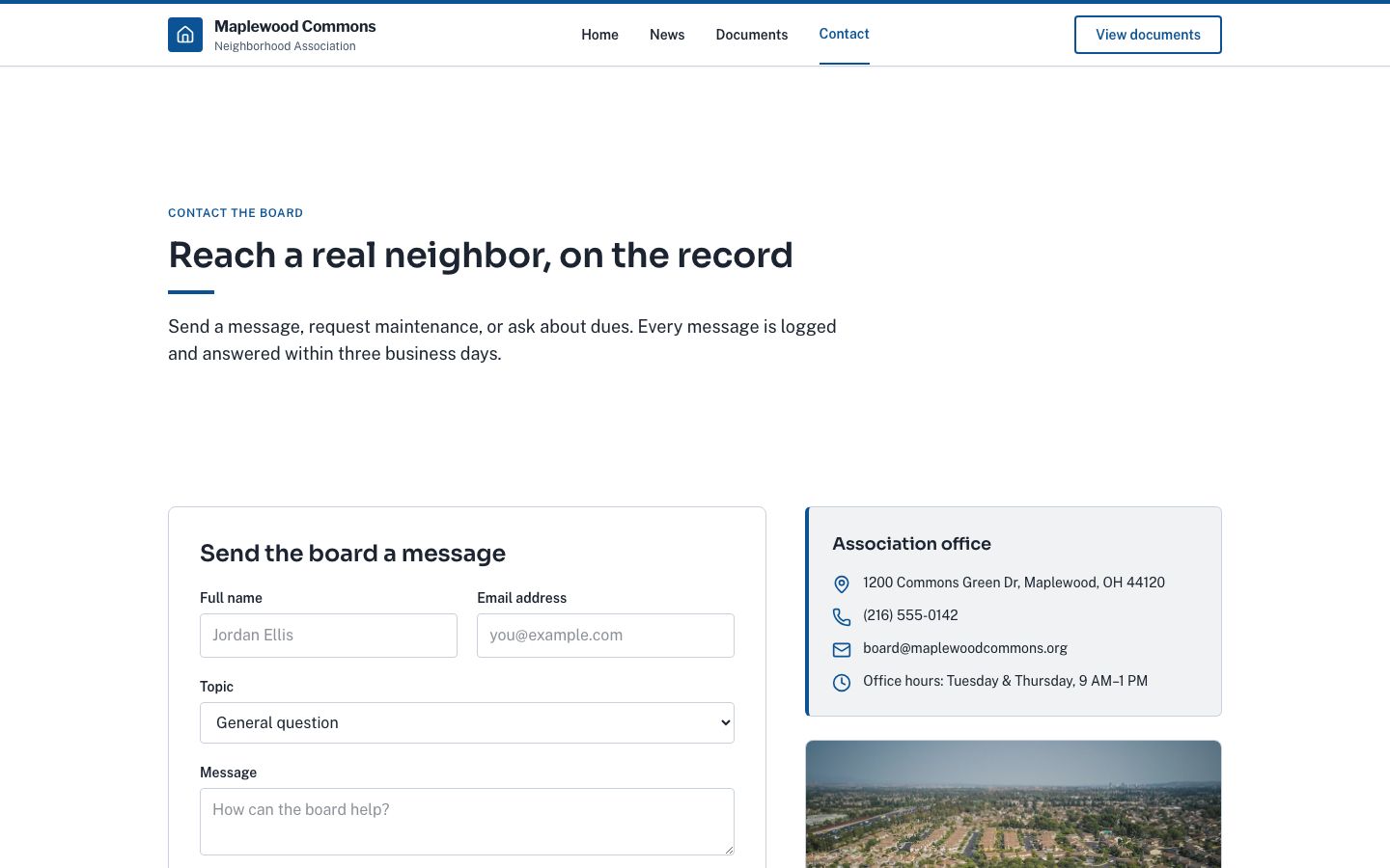 HOA Website Template — contact page screenshot