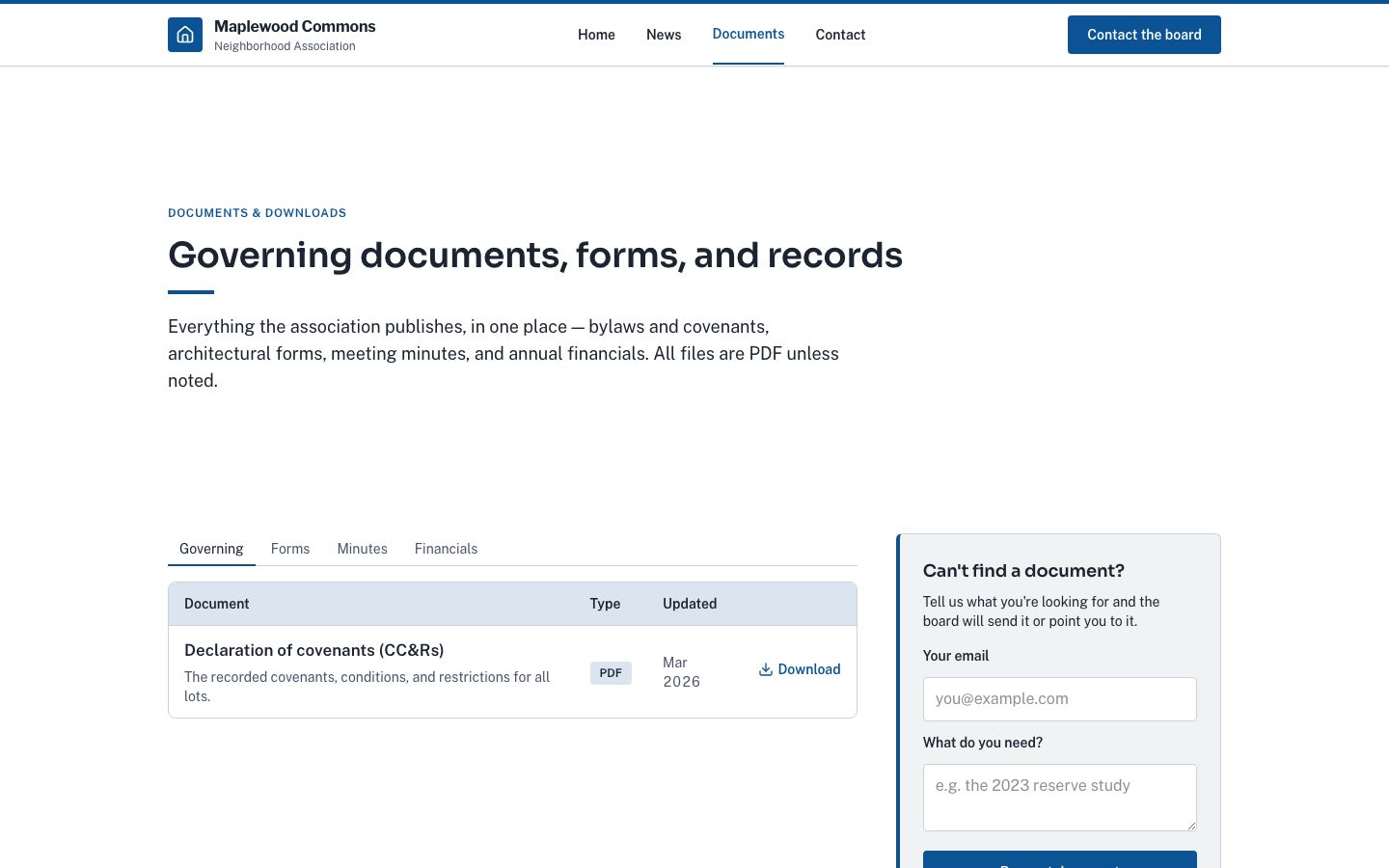HOA Website Template — documents page screenshot