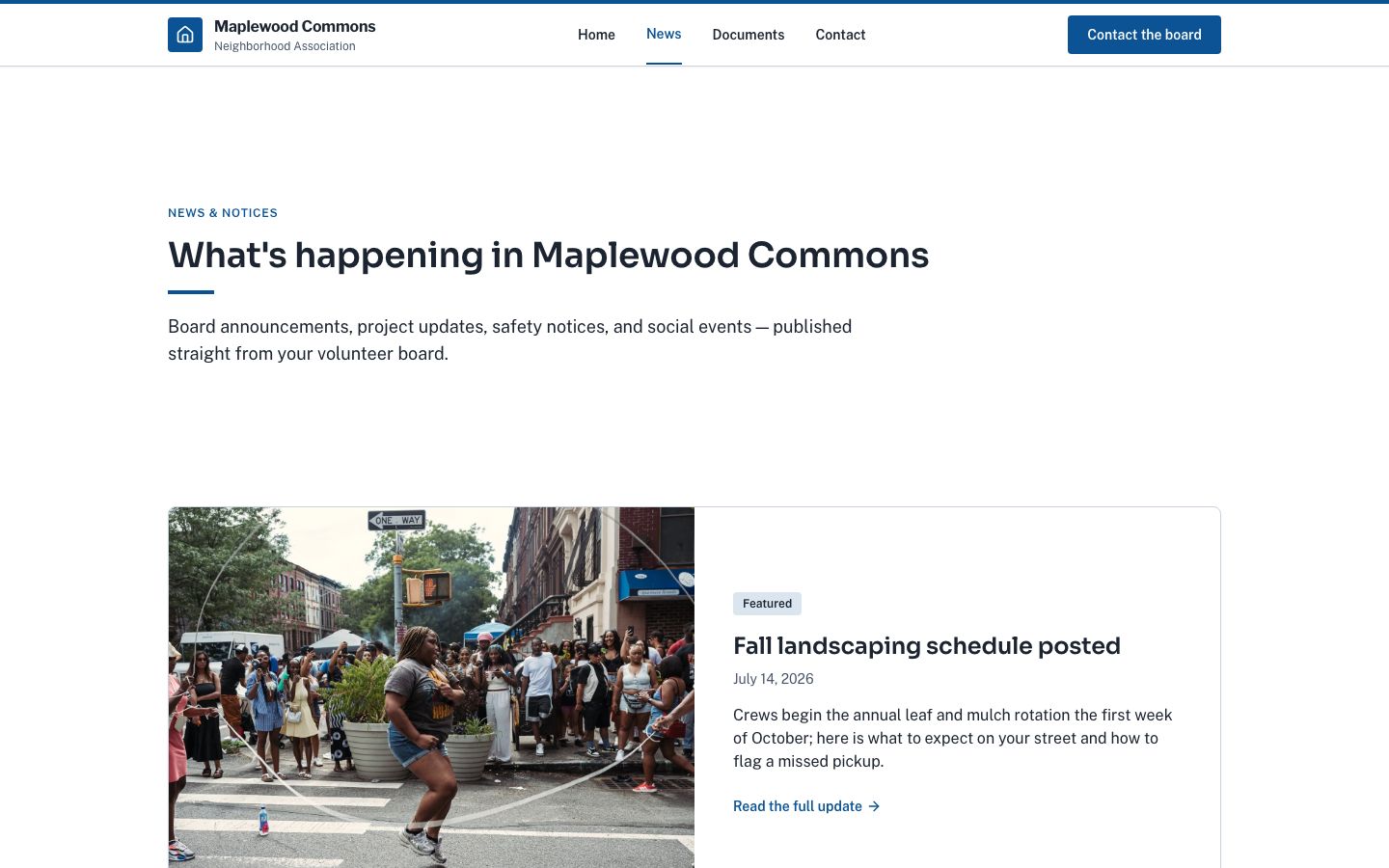 HOA Website Template — news page screenshot
