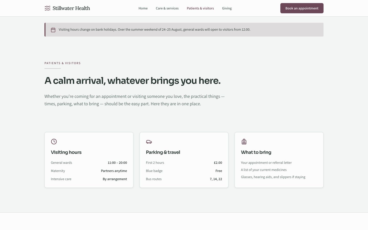 Hospital Website Template — patients visitors page screenshot
