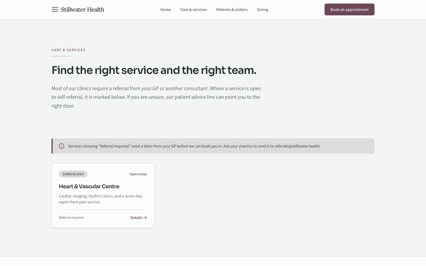 Hospital Website Template — services page screenshot