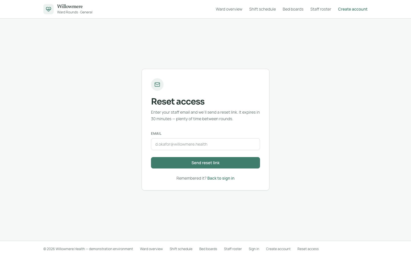 Hospital Ward Dashboard Template — forgot password page screenshot