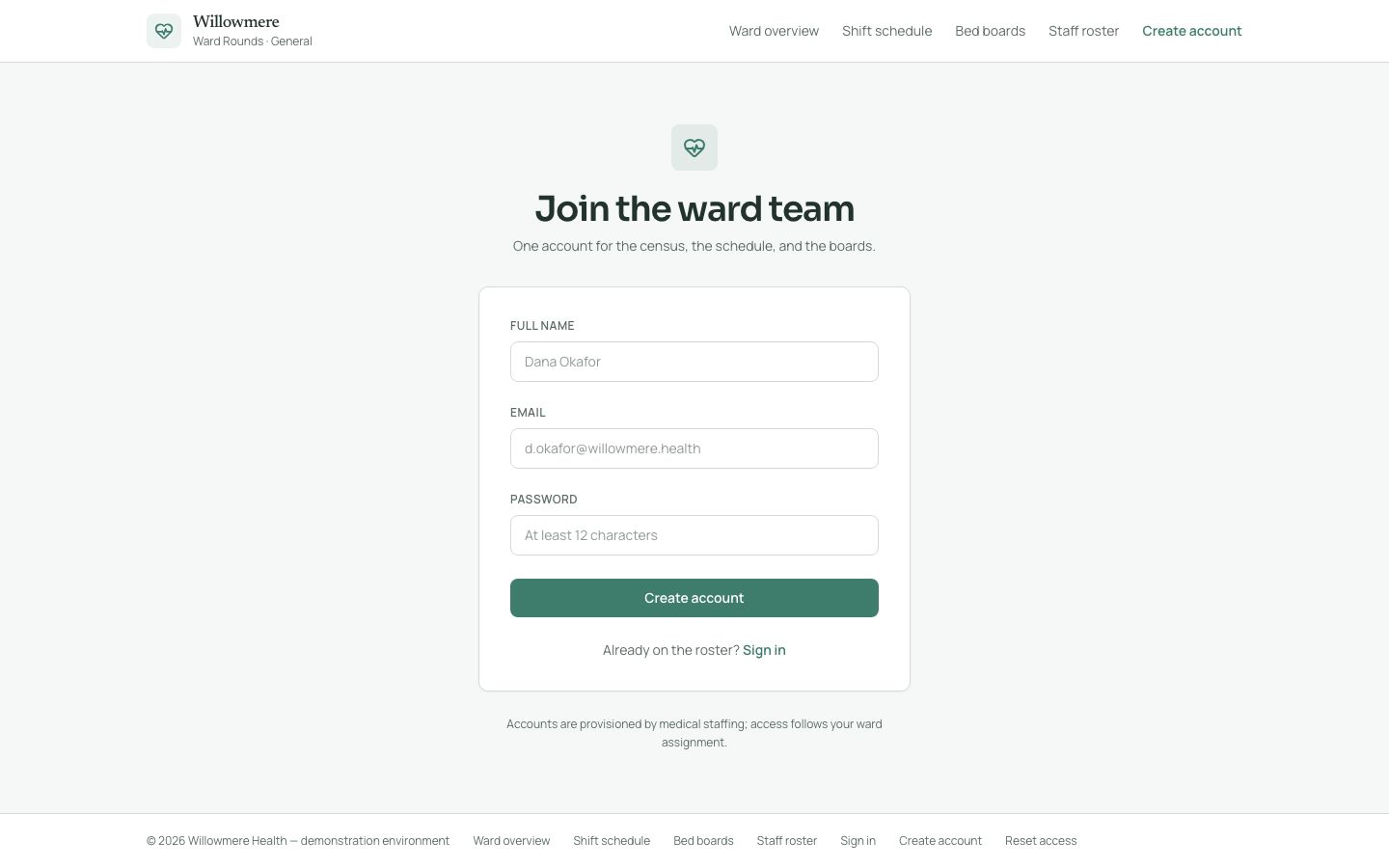 Hospital Ward Dashboard Template — signup page screenshot