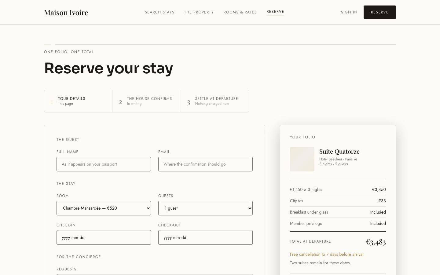 Hotel Booking App Template — reserve page screenshot