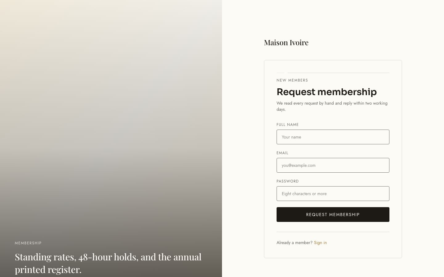 Hotel Booking App Template — signup page screenshot