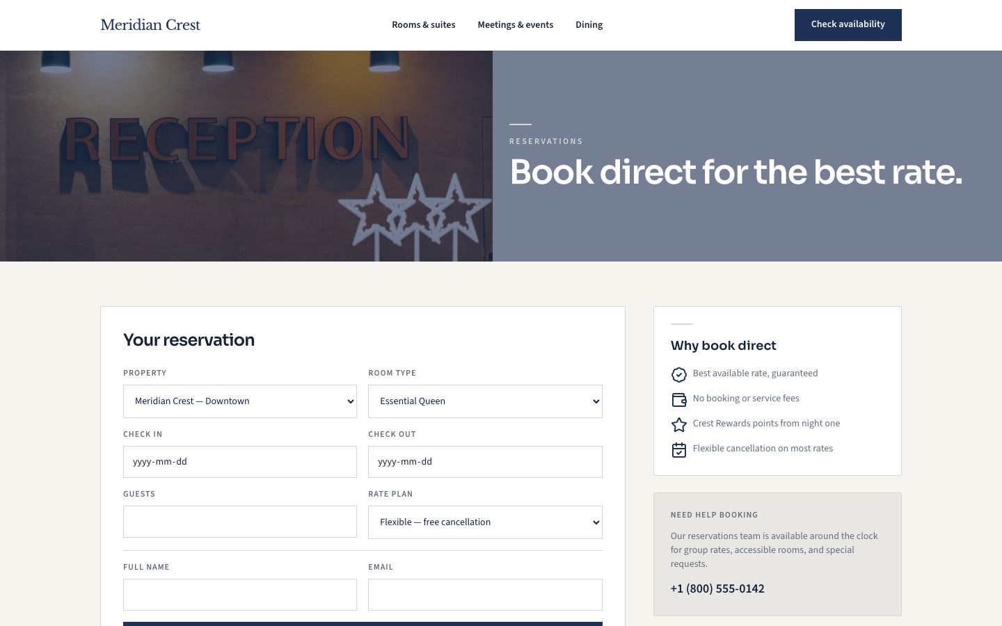 Hotel Website Template — book page screenshot