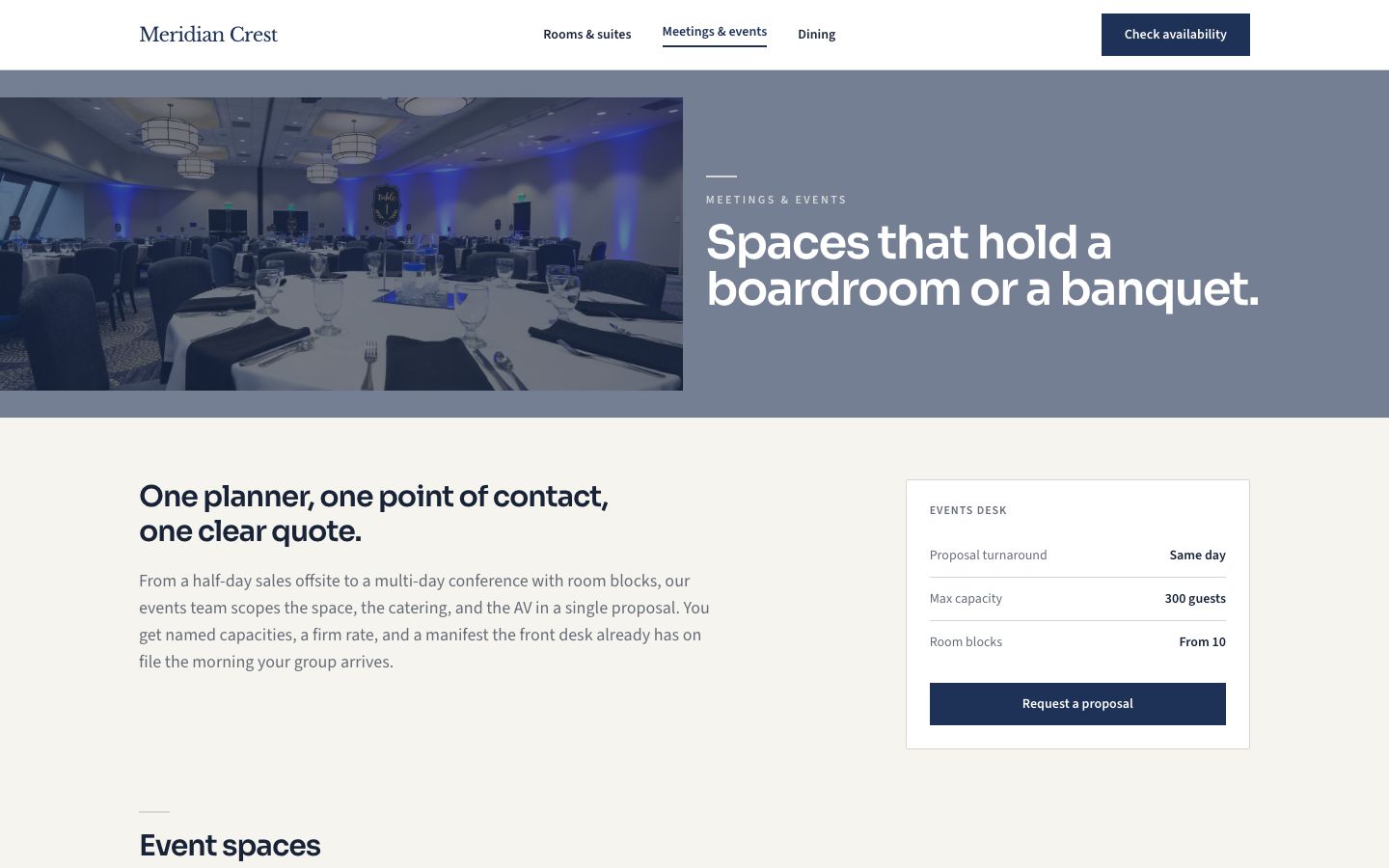 Hotel Website Template — meetings events page screenshot