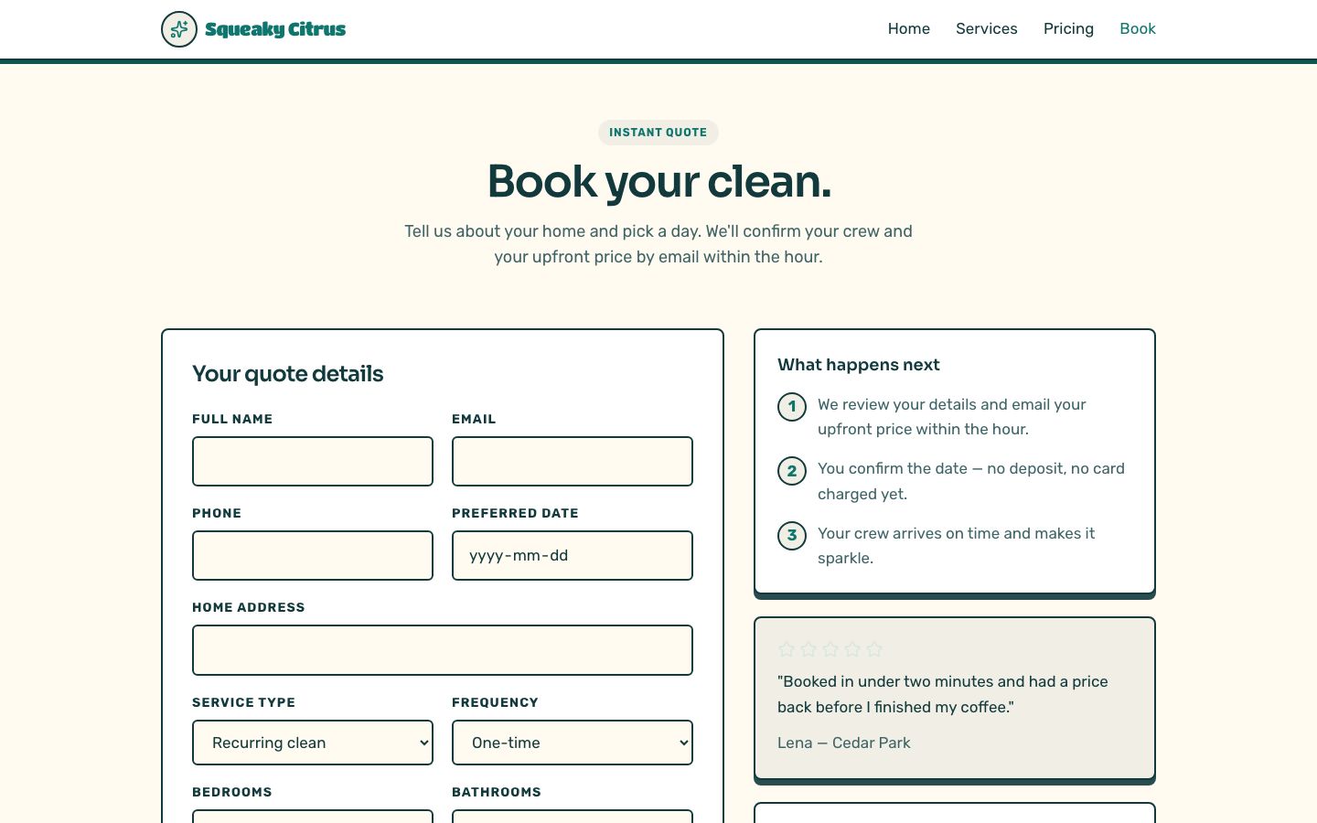 Cleaning Service Website Template — book page screenshot