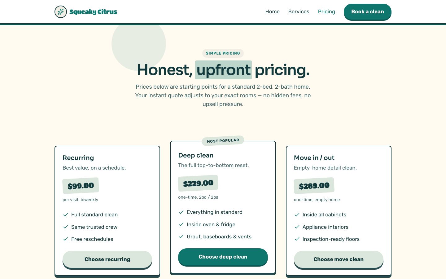 Cleaning Service Website Template — pricing page screenshot